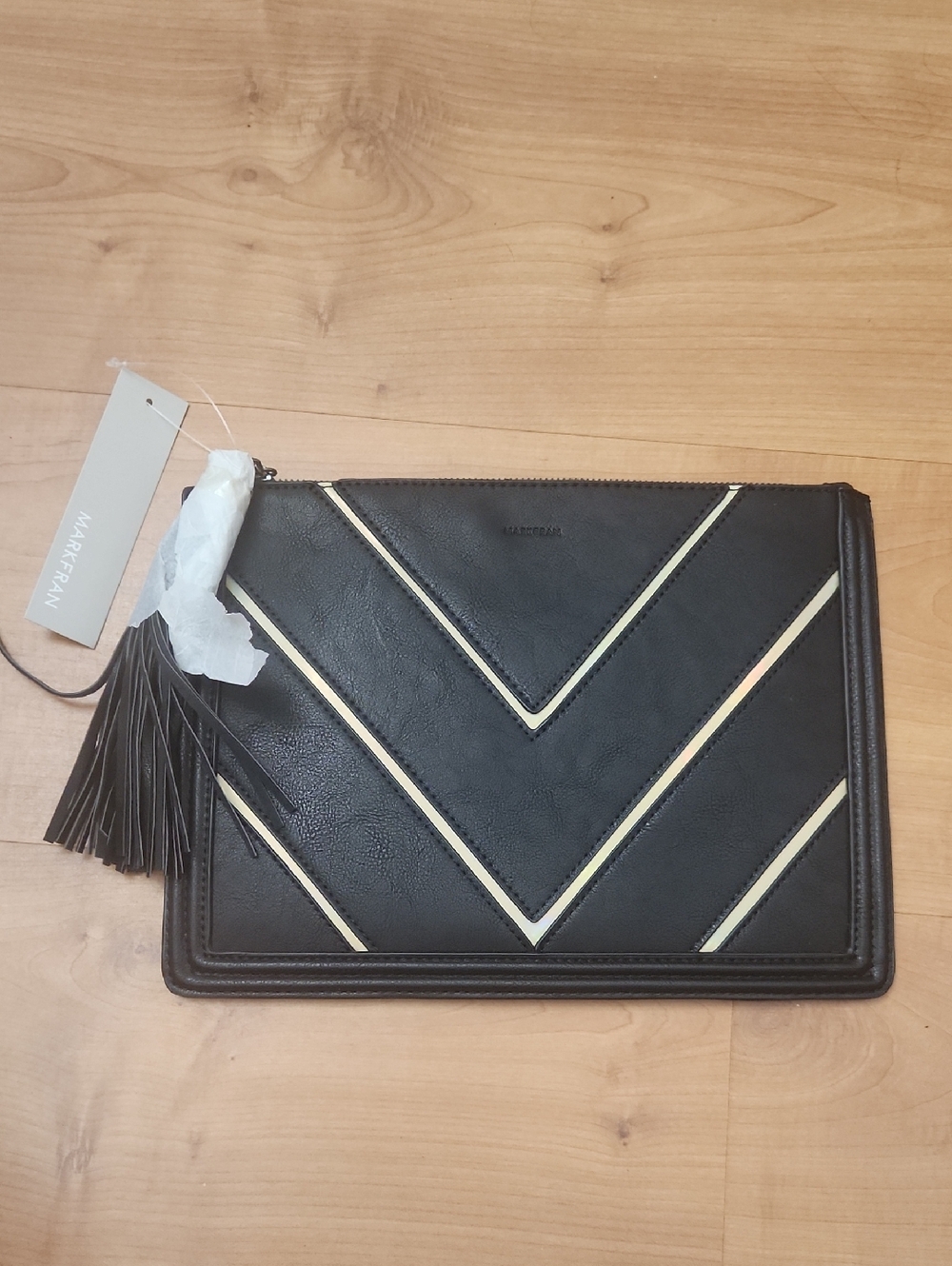 Black Chevron Tassel Clutch with Cream Accents